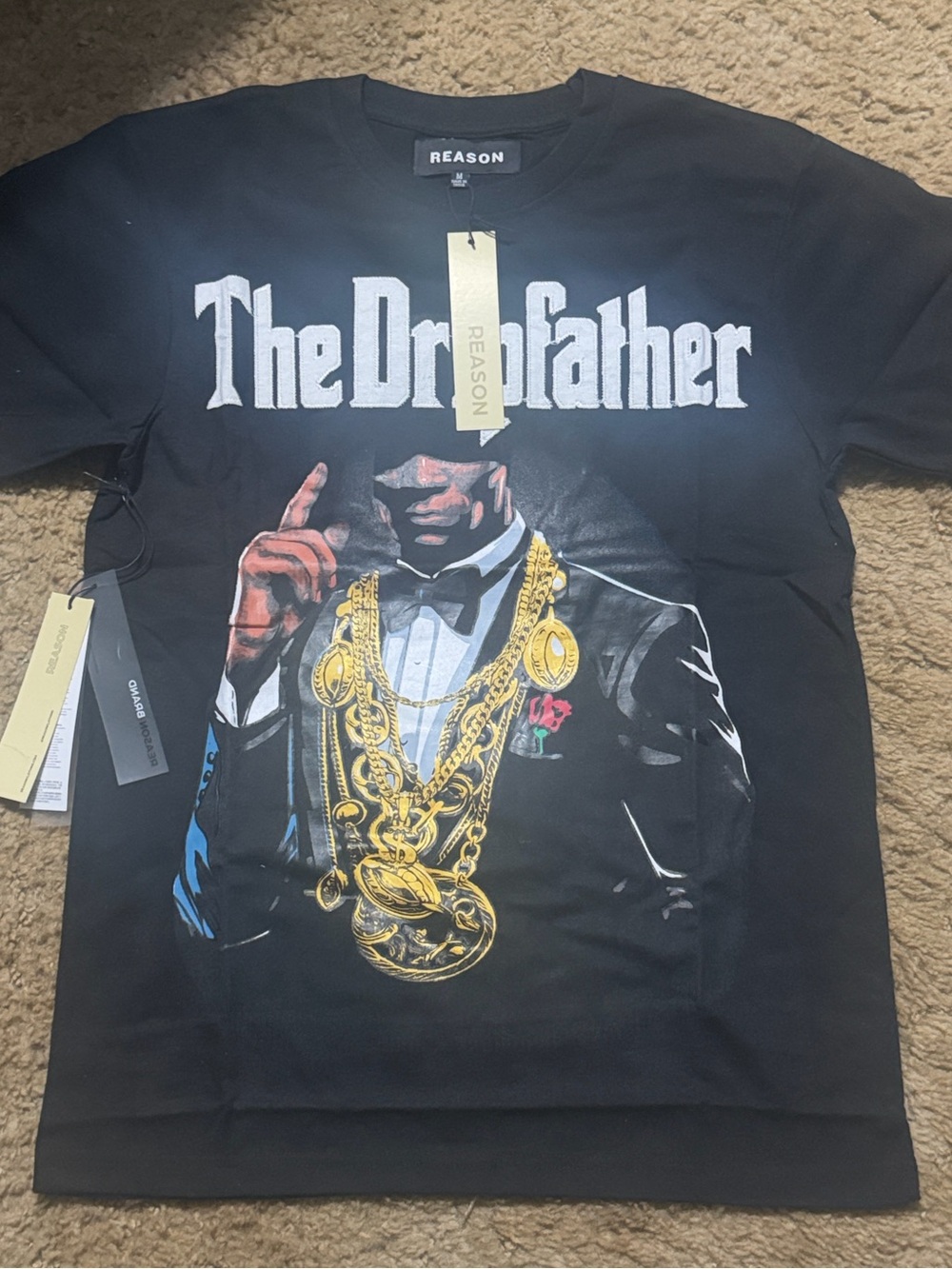 Reason Black 'The DripFather' Graphic Tee with Gold Chain Motif